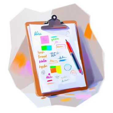 A clipboard is positioned upright, displaying a collection of notes and doodles. The notes are written in various colored inks, showcasing a mix of bright blue, green, red, and yellow. Each note features different handwriting styles and sketches, creating a vibrant and dynamic appearance. Some doodles include abstract shapes and whimsical characters, while others contain quick reminders and creative ideas. The clipboard itself is a simple wood design, contrasting with the colorful array of paper attached to it.
