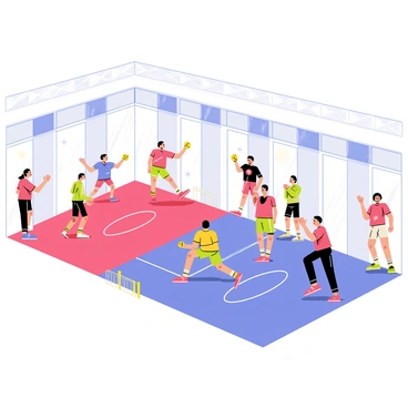 An indoor dodgeball game taking place in a spacious gymnasium. The high ceiling features bright overhead lights illuminating the vibrant blue and red dodgeball courts. Players dressed in colorful uniforms are engaged in a fast-paced match, showcasing dynamic poses as they dodge and throw balls. On one side, a group of players in red jerseys strategizes while crouching, and on the other side, players in blue jerseys prepare to launch dodgeballs. Spectators can be seen in the background, cheering from the sidelines, with banners hanging on the walls celebrating the winter season. Snowflakes are subtly illustrated falling outside through large windows.