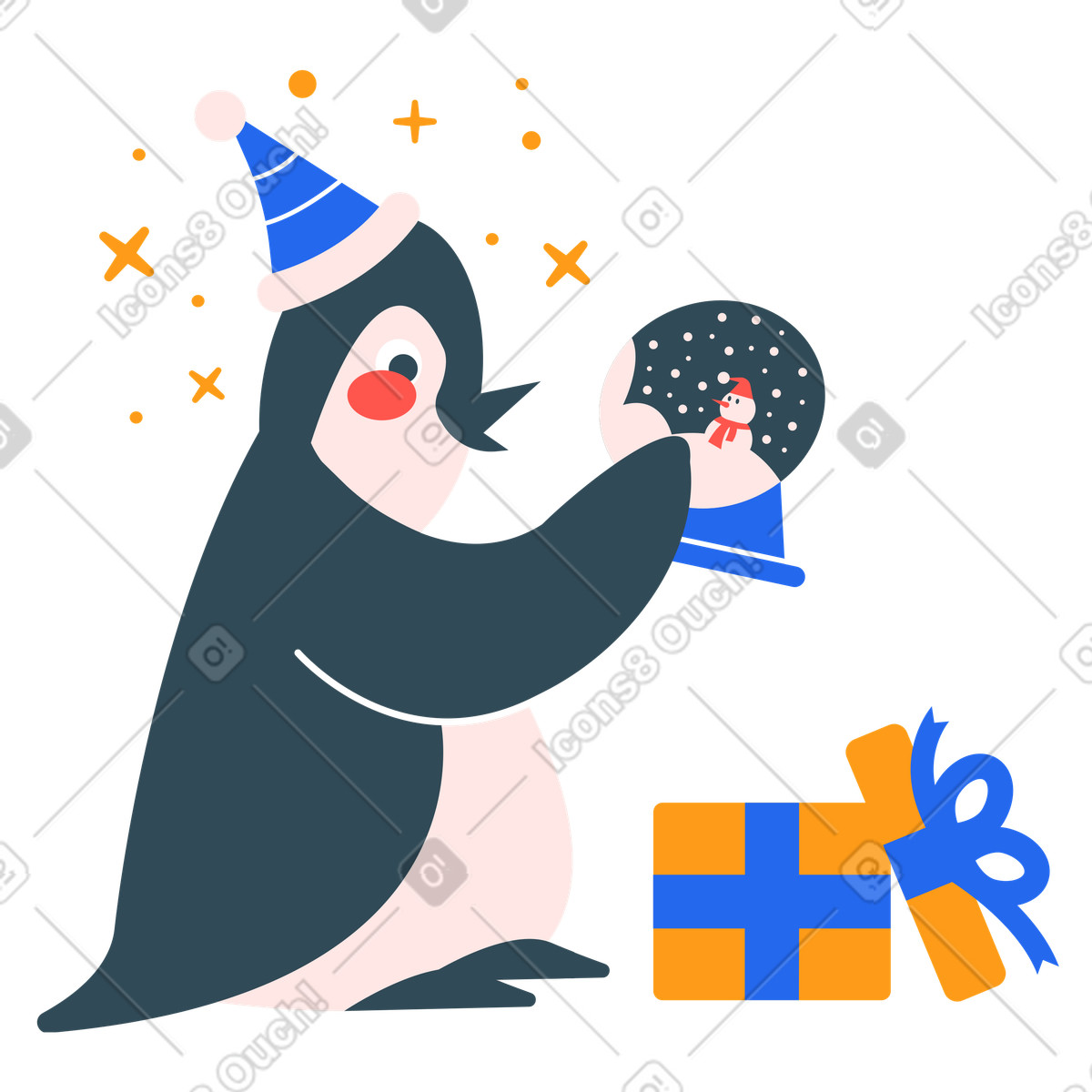 Penguin unwrapping a snow globe on christmas illustration in Kingdom style download in PNG, SVG
