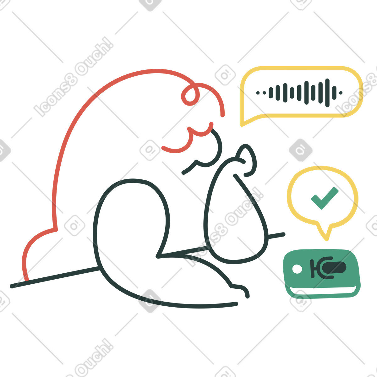 Macaroni 스타일의 전화로 음성 지원자와 대화하는 여성 일러스트레이션 PNG, SVG 다운로드
