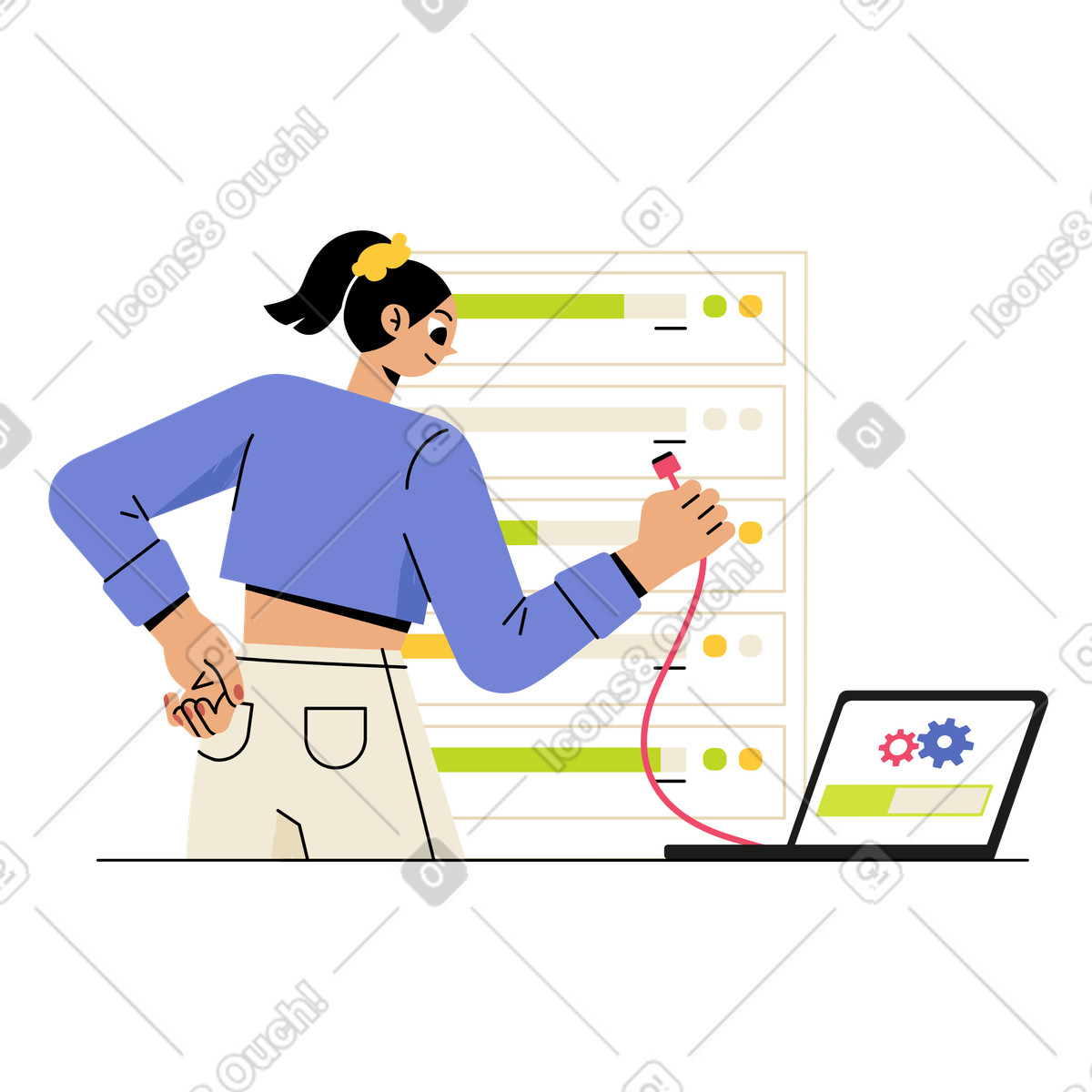Engineer setting up server connection, data center management illustrazione in stile Juicy scarica in PNG, SVG