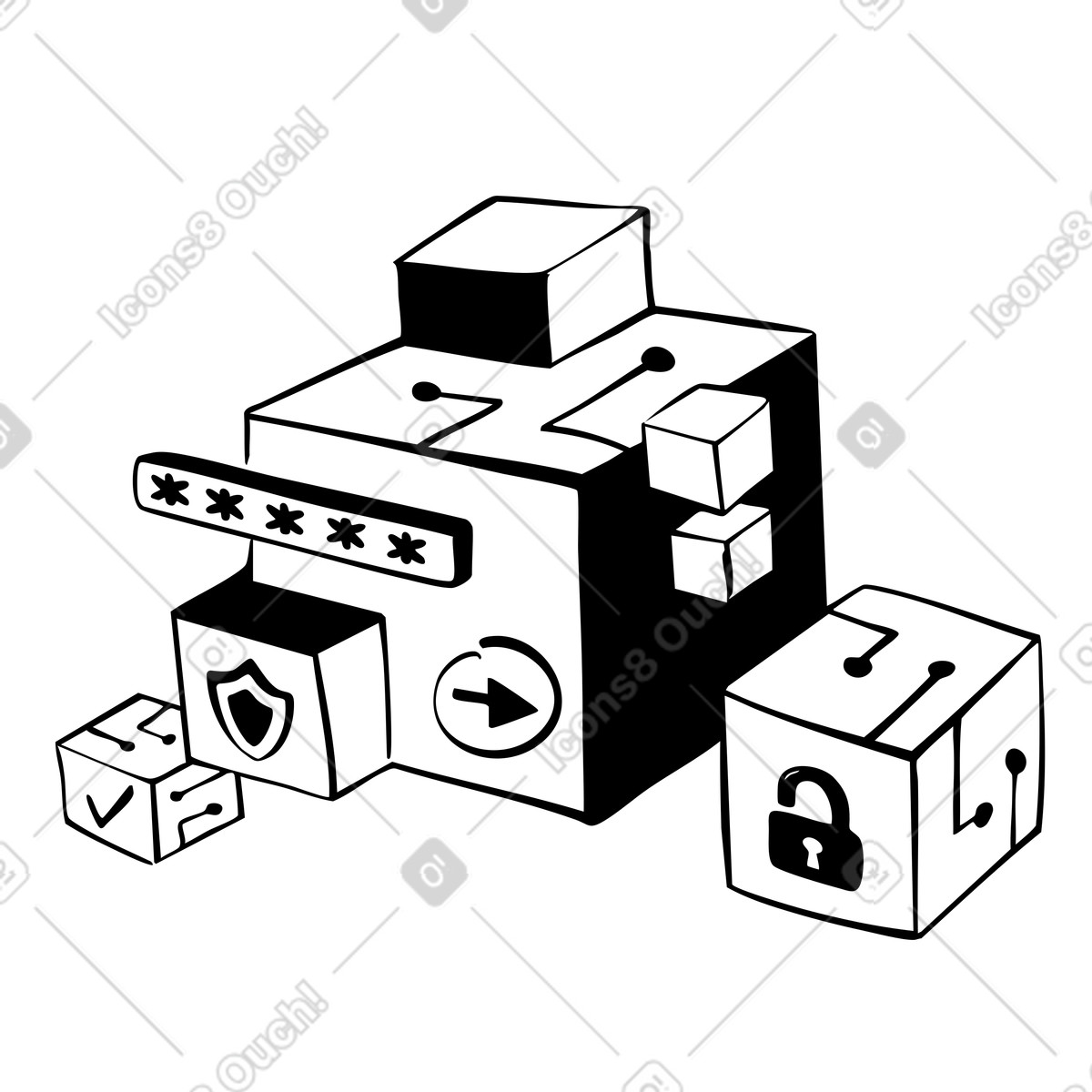 Line スタイルの Digital cubes with lock and security shield, Network protection authentication system のイラストをPNG、SVG形式でダウンロード