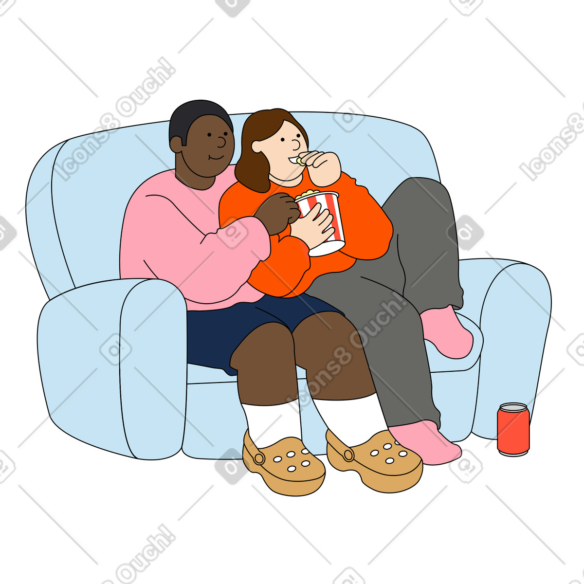 Young man and woman watching a movie illustration in Kindy style download in PNG, SVG