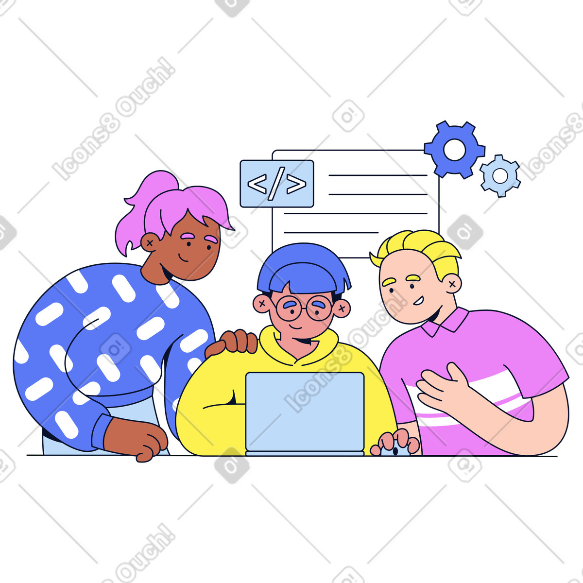 Dev team working on a project animated illustration in Flexy style download in GIF, Lottie (JSON), AE