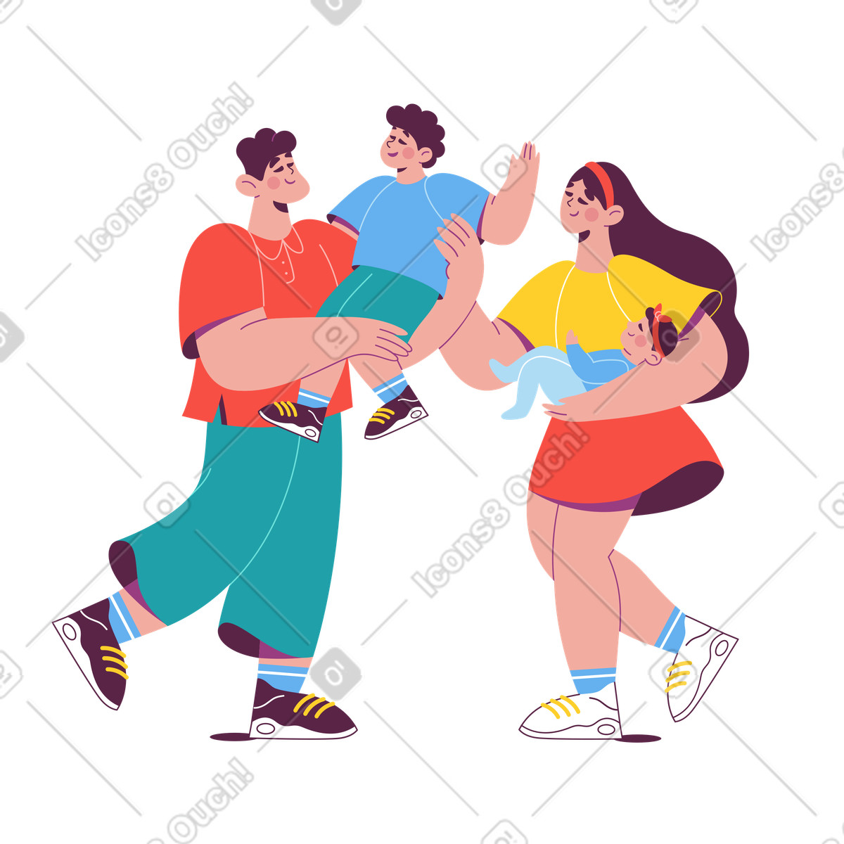 Parents holding two kids, Family life and childhood joy illustration in Sammy style download in PNG, SVG