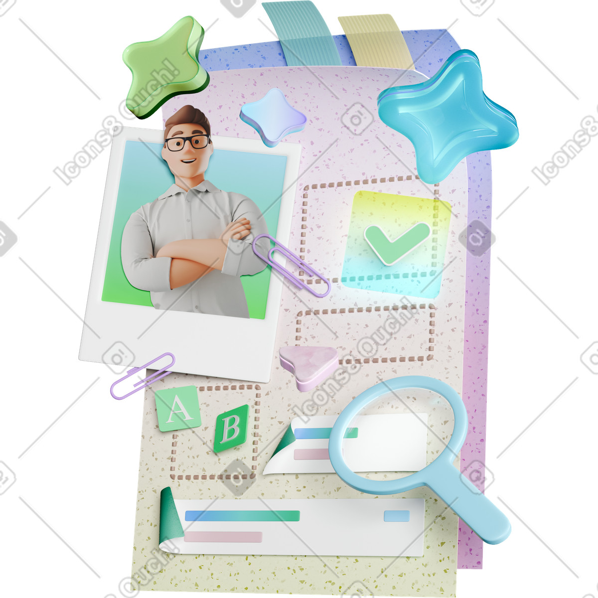 Resume page with portrait photo and magnifying glass, Job application recruitment illustration in 3D Business style download in PNG, SVG