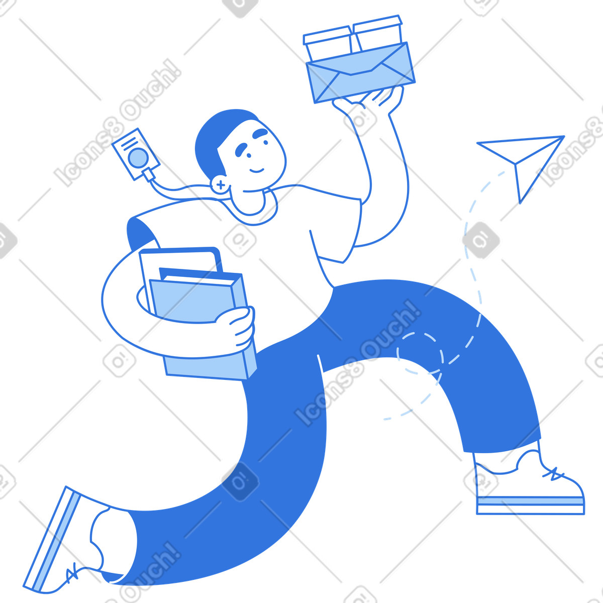 Sky スタイルの Office worker multitasking with coffee and files, Employee assistance at work のイラストをPNG、SVG形式でダウンロード