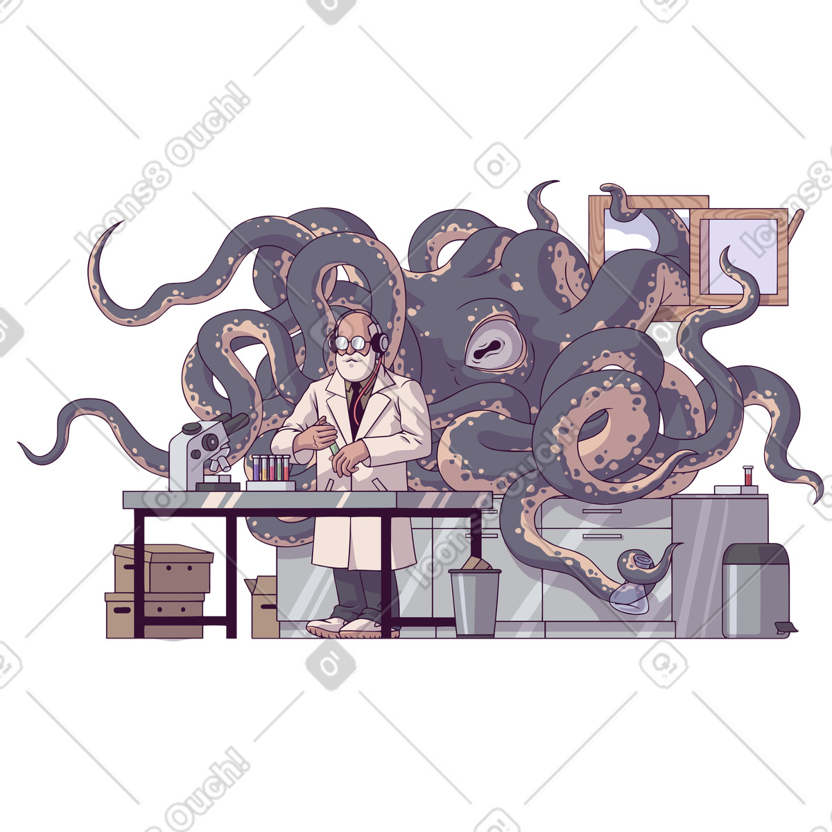 Eastwood スタイルの Laboratory with monstrous sea creature, Scientific failure or fatal error のイラストをPNG、SVG形式でダウンロード
