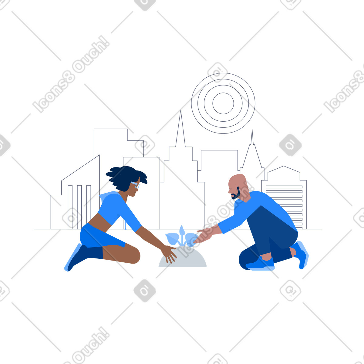 Team planting tree in urban park, Community sustainability initiative illustrazione stile scarica PNG, SVG