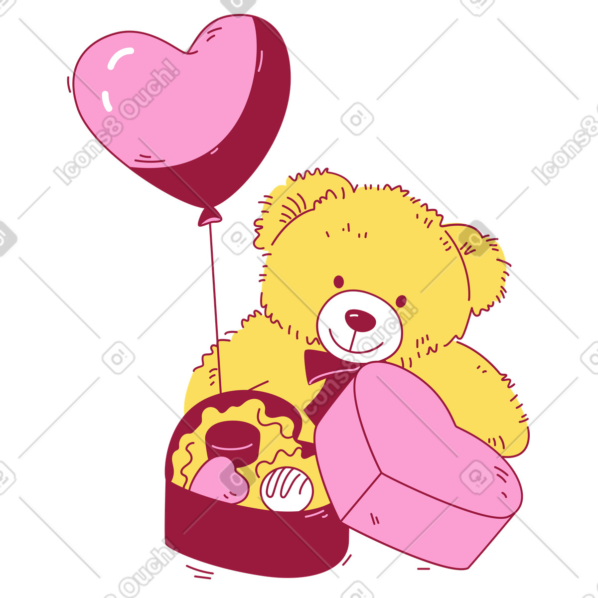 Teddy bear with a box of chocolates and balloon illustration in Storyline style download in PNG, SVG