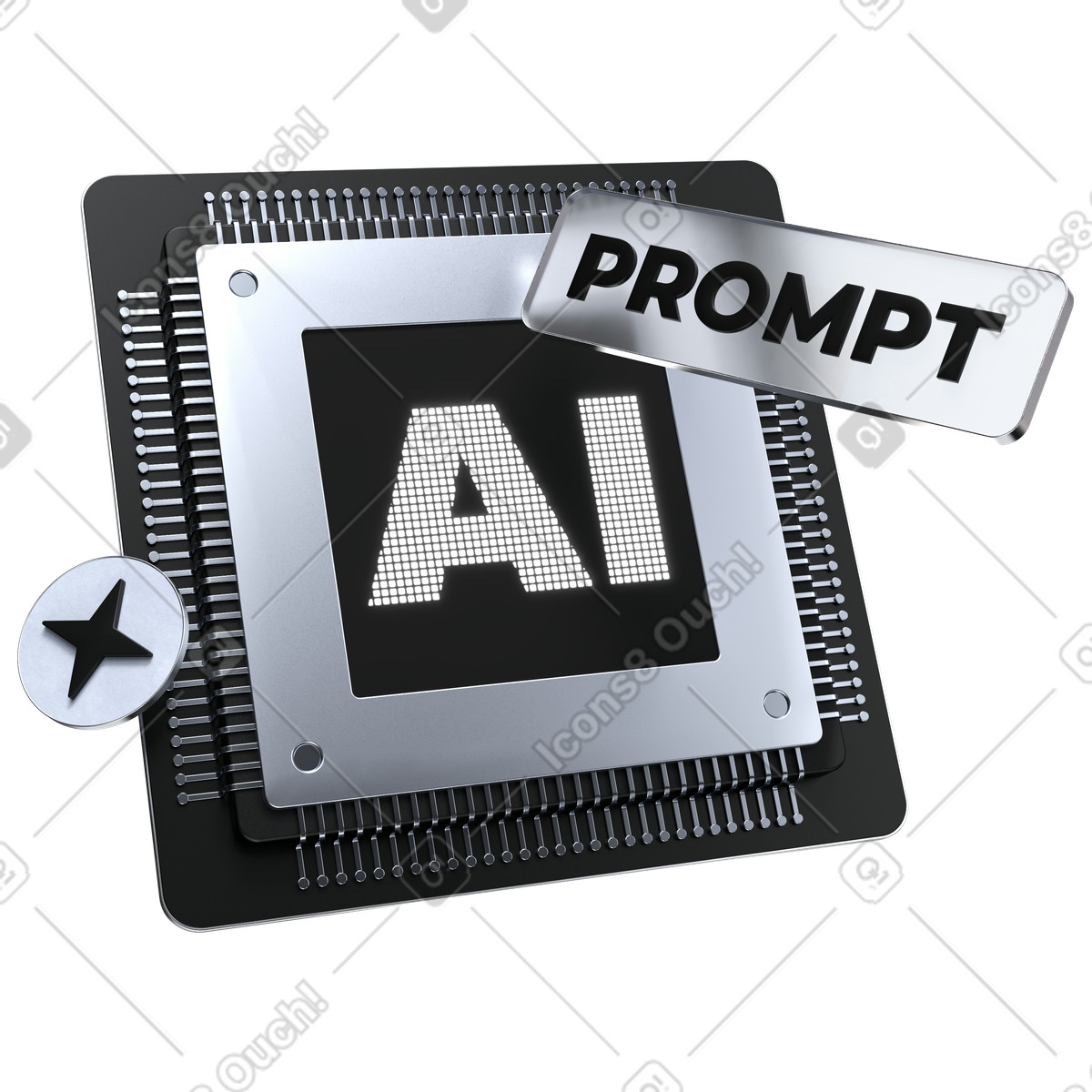 AI chip with prompt label, artificial intelligence and machine learning hardware illustration in 3D Pro style download in PNG, SVG