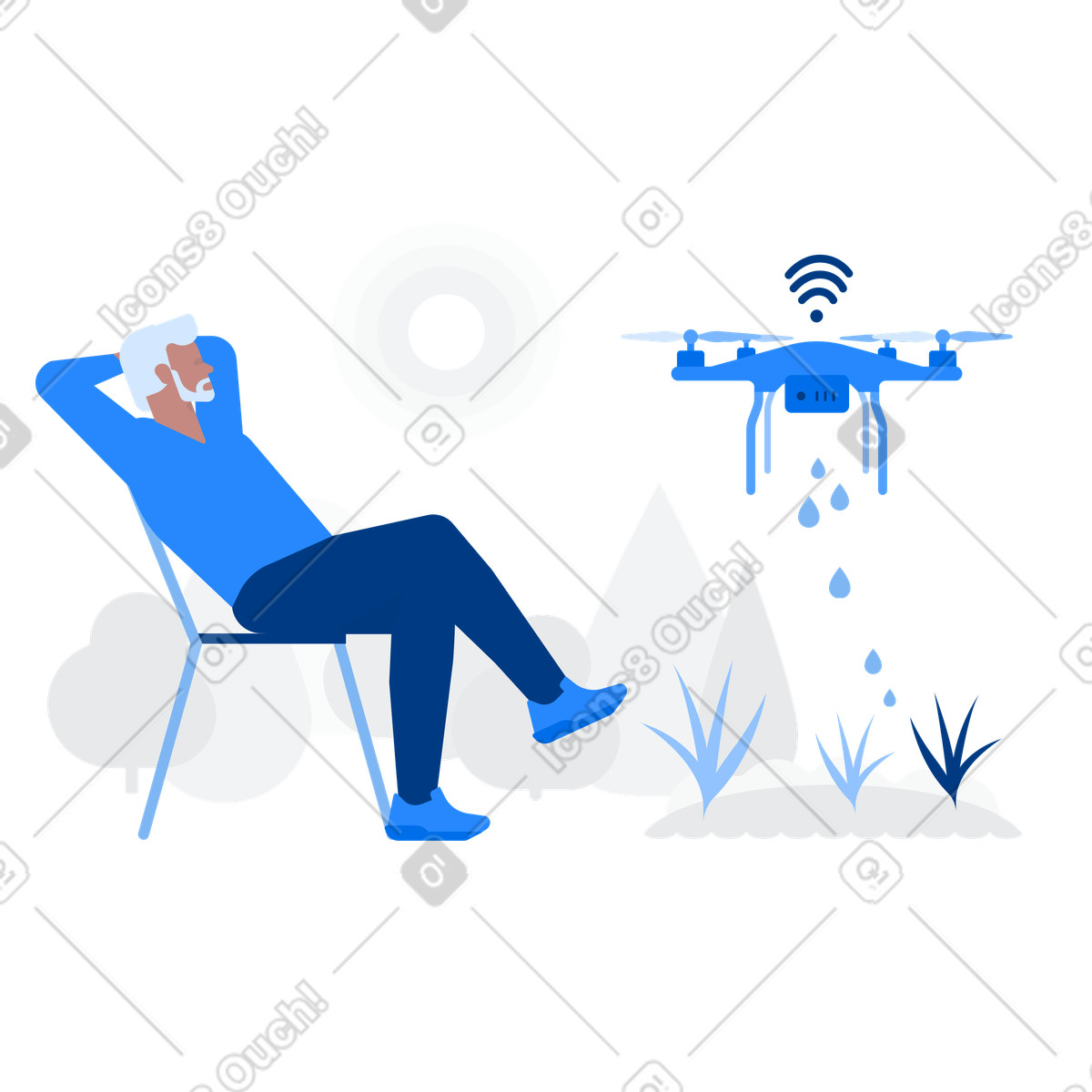 Ilustração de Homem relaxando em uma cadeira enquanto um drone rega suas plantações no estilo Urban para baixar PNG, SVG