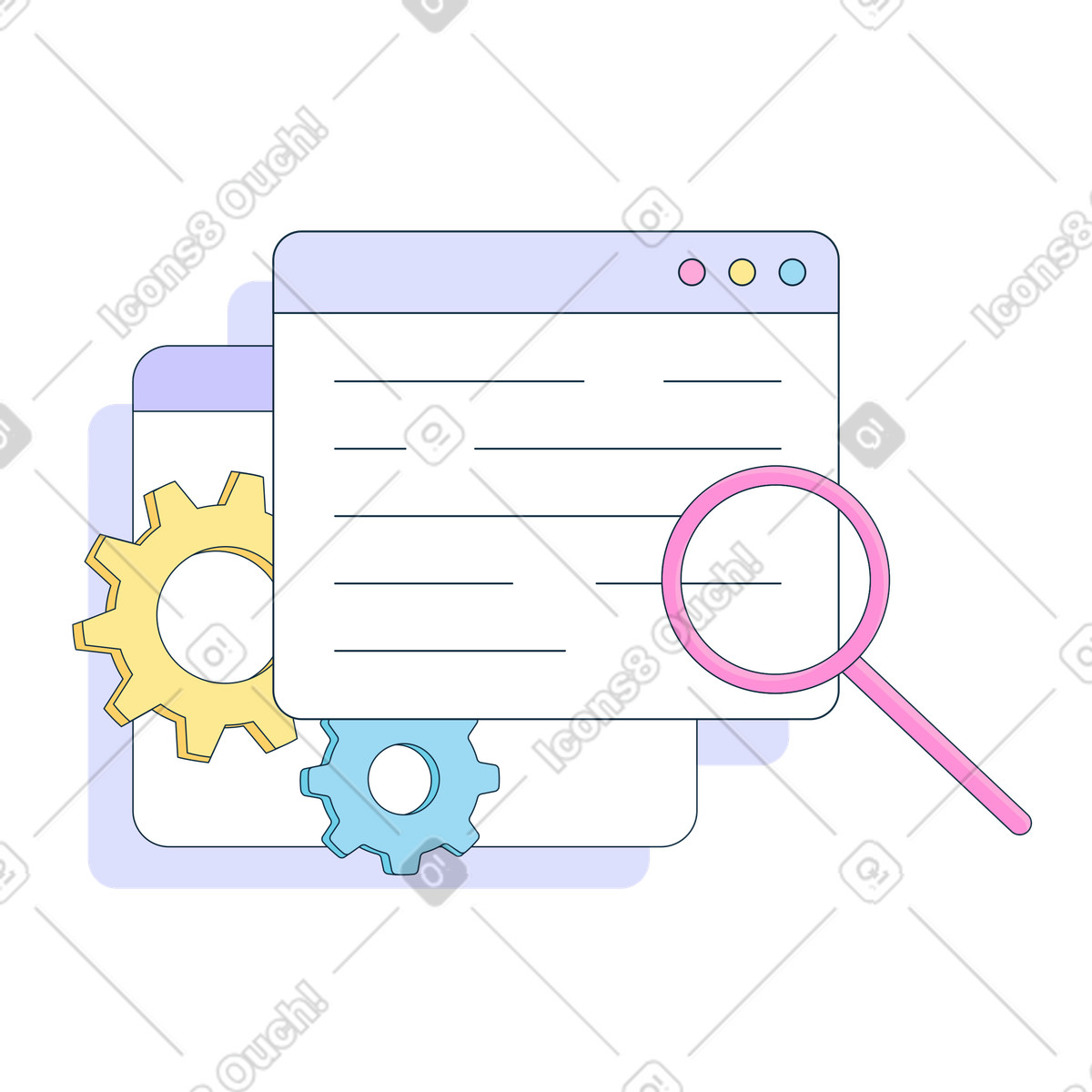 Site setup with windows and magnifier illustration in PNG, SVG