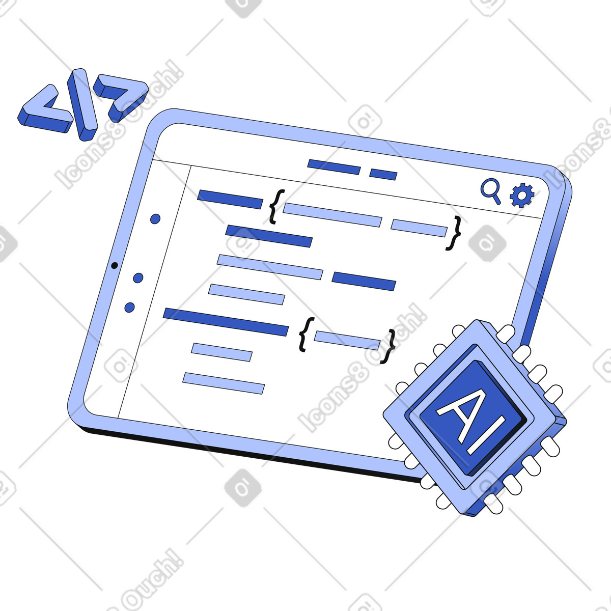Digital tablet with code lines and AI processor, Artificial intelligence programming interface illustration in PNG, SVG