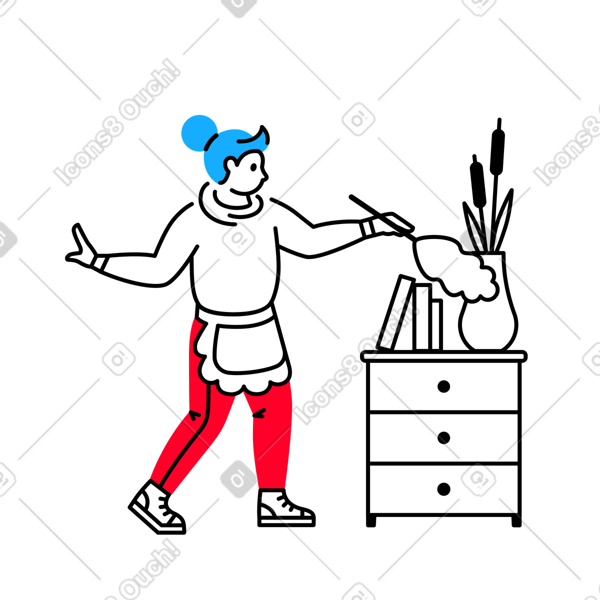 Ilustración Mujer desempolvando cajones en estilo Transistor a descargar en PNG y SVG