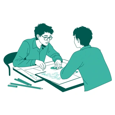 A teal illustration tutor is sitting across from a student at a wooden table. The tutor, with glasses perched on their nose, is leaning forward and pointing towards details on a white drawing pad. The pad is filled with various sketches in pencil. The student, sitting opposite, has a focused expression, looking up at the tutor. Around them, there are art supplies scattered, including colored pencils and erasers, adding to the creative atmosphere of the scene.
