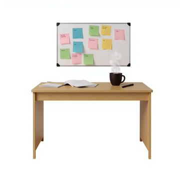 A wooden desk with a light finish, featuring a kanban board mounted on the wall above it. The kanban board is filled with colorful sticky notes, organized into columns labeled "To Do," "In Progress," and "Done." On the desk, there is a steaming cup of coffee placed on the right side, with a dark ceramic mug emitting visible heat waves. To the left of the cup, there is an open notebook with blank pages, lying next to a black pen. The overall scene conveys a productive workspace.