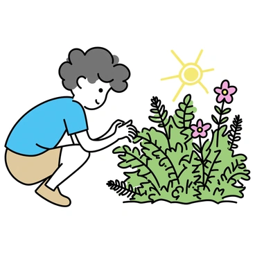 A child, wearing a bright blue t-shirt and khaki shorts, is crouched down in a fern-filled garden. The child has curly brown hair and is intently examining the delicate green leaves of the ferns. Sunshine filters through the trees, casting soft light on the vibrant green surroundings. The garden is lush with various fern species, creating a rich tapestry of textures and shapes. Nearby, colorful flowers peek through the ferns, adding pops of color to the scene.