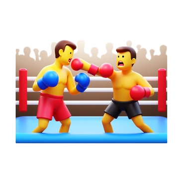 An amateur boxer wearing blue boxing gloves and red shorts, positioned in a dynamic stance, is landing a powerful punch. The punch connects forcefully with the opponent's chin. The opponent, dressed in black trunks, is reeling back with a surprised expression, eyes wide and mouth agape, showcasing the impact of the blow. The background features a boxing ring with ropes and a cheering crowd, capturing the intensity of the match.
