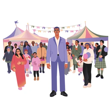 A politician stands at the center of a vibrant multicultural festival, actively engaging with community members from diverse backgrounds. The politician has light brown skin and short hair, dressed in a light blue suit and a white shirt, with a friendly smile. Surrounding the politician are individuals wearing traditional clothing from various cultures, showcasing colorful garments and accessories. A woman in a bright red sari is on the left, while a man in a green kilt stands to the right, holding a small flag. Children are running around, some holding balloons and others enjoying face paint. Colorful tents and banners are set up in the background, filled with decorations representing different cultures. The atmosphere is lively, capturing the essence of community and celebration.