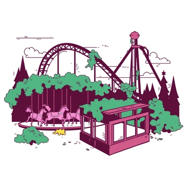 An eerie abandoned theme park is filled with rusting rides overtaken by nature. Overgrown vines crawl up the legs of a dilapidated roller coaster. The remnants of a once-bright carousel can be seen, its faded pink horses standing still under a canopy of dark green foliage. A broken ticket booth sits in the foreground, covered in patches of yellow moss. The sky above is a muted shade, casting a flat light over the scene, enhancing the feeling of desolation.