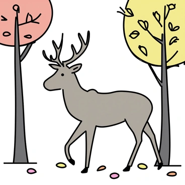 An elk with a large set of antlers is walking through a forest. The ground is covered with colorful autumn leaves in shades of red, orange, and yellow. Tall trees surround the elk, their branches adorned with leaves that are also transitioning to fall colors. Sunlight filters through the tree canopy, casting soft shadows on the forest floor. The elk's legs are moving gracefully as it navigates the vibrant landscape.