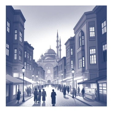 A cityscape at dusk featuring tall buildings with intricate architectural details. The structures are adorned with numerous windows, many of which are illuminated, creating a lively atmosphere. The streets below are filled with people, including pedestrians walking and street vendors. There are ornate street lamps casting light on the cobblestone roads. A large mosque with a prominent dome stands in the background, adding to the cultural richness of the scene. The sky is transitioning to a darker shade as the day moves into night.