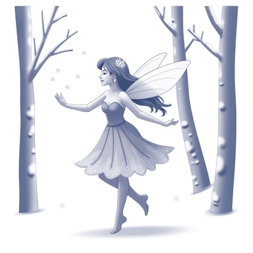 A delicate fairy with translucent, icy wings is gracefully dancing among gently falling snowflakes. She has long, flowing hair that cascades down her back, adorned with tiny frost-like embellishments. The fairy's attire is made of intricate, shimmering fabric that resembles the textures of snow and ice, enhancing her ethereal appearance. Surrounding her are tall, slender trees with branches heavy with snow, creating a serene winter forest atmosphere. The ground is blanketed in soft snow, and the air is filled with a sense of magic as the snowflakes twirl around her in a delicate dance.