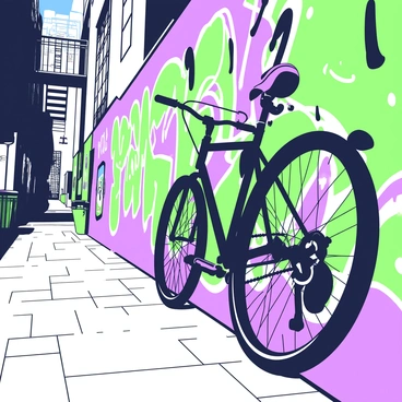A black bike is leaning against a vibrant wall covered in street graffiti in an urban alley. The bike features a sleek frame and thin tires, with handlebars positioned slightly upward. The graffiti wall showcases a variety of colorful designs and patterns, including abstract shapes and stylized lettering. The alley is narrow, with bricks lining the ground, and other urban elements like a small trash can and a fire escape are visible in the background. Sunlight casts shadows across the scene, enhancing the textures of both the bike and the graffiti.