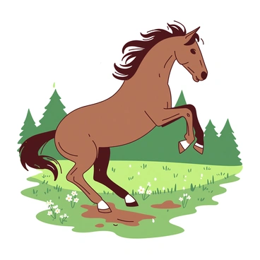 A brown bucking horse is leaping into the air, its mane flowing wildly as it kicks its legs. The horse is surrounded by a green pasture dotted with patches of wildflowers. Light raindrops are falling gently, creating a misty atmosphere around the horse. In the background, there are blurred silhouettes of trees, partially obscured by the rain. The ground is slightly muddy from the rainfall, highlighting the dynamic movement of the horse.