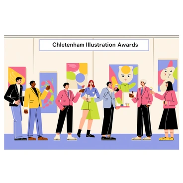 A reception area filled with guests dressed in elegant attire mingling and engaging with each other. In the background, several vibrant artworks are displayed on the walls, showcasing various styles and techniques. The guests are pointing at the artworks, discussing their impressions. Some guests are holding glasses of sparkling drinks, while others are carrying small plates of appetizers. Soft lighting enhances the atmosphere, making the space inviting and warm. A large banner reading "Cheltenham Illustration Awards" hangs prominently at the entrance.