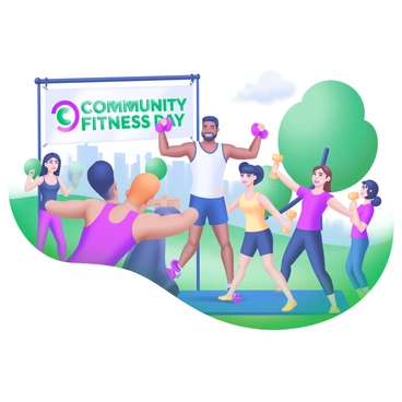 A community fitness event taking place in a park. In the foreground, a group of diverse participants is engaged in performing lateral raises, following the guidance of a local trainer at the center. The trainer is demonstrating the exercise with a bright smile, wearing a sporty outfit. The participants, a mix of ages and fitness levels, are lifting colorful dumbbells, showcasing enthusiasm and teamwork. Surrounding them are green trees and a clear blue sky, with onlookers in the background encouraging the participants. A banner reading "Community Fitness Day" is displayed nearby.