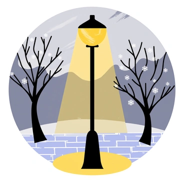 A tall streetlamp with a round frosted glass bulb stands on a cobblestone street. The lamp casts a warm yellow light, creating a glowing circle on the ground. Swirling snowflakes, depicted as delicate white specks, dance around the light, reflecting its glow. The background features dark silhouettes of bare trees swaying gently in the wind. The sky above is filled with swirling patches of gray, hinting at the blustery night.