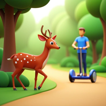 A curious deer with a brown coat and white spots stands near a tree, its ears perked up in attention. The deer is positioned in a lush forest, surrounded by green foliage and sunlight filtering through the leaves. In the background, a Segway is gliding smoothly along a dirt path, the rider balanced on it. The scene captures the interaction between the wild deer and the modern technology of the Segway in an enchanting forest atmosphere.