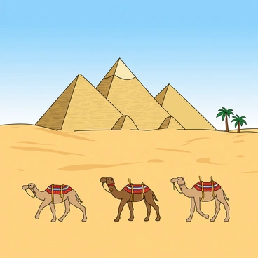 A vast desert landscape featuring several ancient pyramids rising majestically against the clear blue sky. The pyramids are made of golden sand-colored stone, reflecting the sunlight. In the foreground, a group of camels is walking gracefully across the warm, sandy ground. Each camel has a light brown coat with a few darker patches and is adorned with colorful saddles. The soft dunes of sand ripple gently in the background, creating depth in the scene. A few scattered palm trees are visible in the distance, providing a contrast to the arid environment.