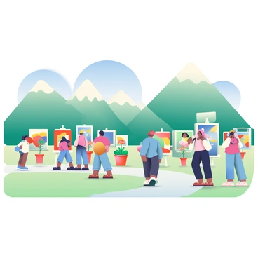 An outdoor art exhibition is taking place on a grassy field. Various artworks are displayed on white easels and pedestals, showcasing vibrant paintings and sculptures. In the background, there are majestic mountains with green slopes and a clear blue sky above. Small groups of people are walking around, admiring the art. Some individuals are engaged in conversation, while others are taking photographs of the pieces. Potted flowers are arranged along the pathway, adding splashes of color to the exhibition setting.