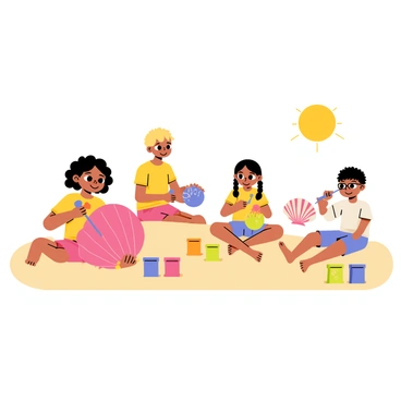 A group of four children sitting on a sandy beach, each engaged in painting seashells. The first child, a girl with curly brown hair, holds a large pink seashell and is applying bright blue paint with a brush. The second child, a boy with short blonde hair, is decorating a yellow seashell with orange polka dots. The third child, a girl with braided pigtails, is using green paint to create swirls on a small purple seashell. The fourth child, a boy with glasses, is focused on a striped red and white seashell, adding intricate designs with a fine brush. Colorful paint pots are scattered around them, and a few painted seashells are displayed in the sand nearby. The sun shines brightly overhead, casting cheerful shadows.