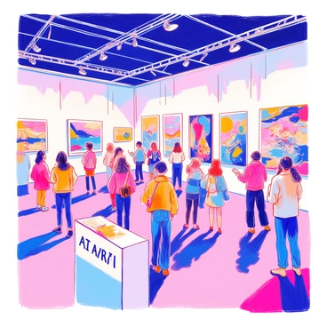 A spacious art fair venue features a variety of AI-generated illustrations displayed on white walls. Each illustration showcases a different theme, such as landscapes, abstract designs, and portraits. Visitors, including a diverse group of people, are gathered, admiring the artwork. Some individuals are taking notes, while others are discussing the pieces with enthusiasm. Soft lighting highlights each illustration, enhancing the vibrant colors and intricate details of the artworks. In the foreground, a large banner with the words "AI Art Showcase" is prominently displayed.