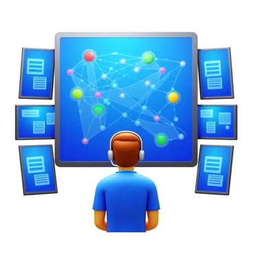A technician working intently on a large digital map displaying complex network connections. The technician is wearing a headset and surrounded by multiple screens showing various data points. The map features vibrant lines and nodes indicating network paths, with some areas highlighted to show problem zones. The technician's focused expression reflects their concentration as they analyze the information on the screens.