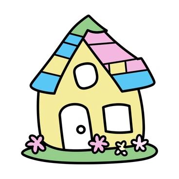 A whimsical house constructed entirely of vibrant soap bars, featuring an assortment of bright colors like pink, blue, green, and yellow. The structure has a triangular roof made of stacked soap bars with an uneven outline, giving it a playful appearance. The windows are depicted as small, rectangular cutouts surrounded by soap bars of contrasting colors. A door made from a larger soap bar stands at the front, adorned with a tiny soap bar doorknob. The house is set on a grassy patch, with a few scattered soap bar flowers in various shapes and colors around the base.