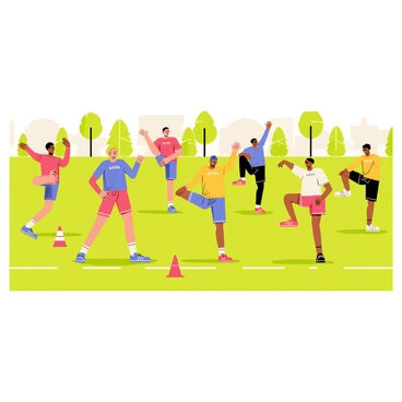 A sports team consisting of diverse athletes is practicing high knees on a grassy field. The team members are wearing colorful athletic uniforms, some in bright red, others in blue and yellow. They are energetically lifting their knees high with focused expressions. The field is marked with white lines, and a few cones are placed around for training purposes. In the background, there are trees lining the field, creating a vibrant, lively atmosphere. The sun is shining down, casting distinct shadows of the athletes on the ground.