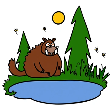 The Gruffalo, a large, mythical creature with thick, brown fur and prominent tusks, is sitting quietly by a calm pond. The soft moonlight illuminates his features, highlighting his big orange eyes and spiky back. Surrounding the pond are lush green plants and tall trees that cast gentle shadows, creating a serene atmosphere. The water reflects the moonlight, adding a magical touch to the scene, while a few fireflies can be seen glowing softly in the background.