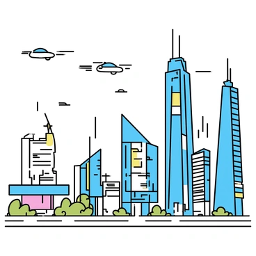 A futuristic city featuring tall, sleek buildings made of glass and metal. The skyline is dominated by high-rise structures with illuminated outlines. Flying cars zip through the air, leaving trails of light behind them. The streets below are lined with greenery and modern infrastructure, creating a blend of nature and technology. Bright neon signs adorn the buildings, displaying advertisements. The scene captures a bustling atmosphere filled with movement and energy.