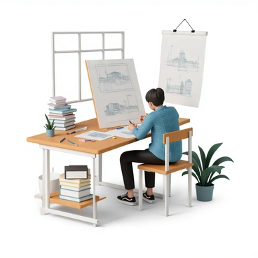 An architecture student, wearing a blue plaid shirt and black jeans, is sitting at a wooden drafting table. The table is cluttered with various architectural tools, including rulers, compasses, and pencils. The student is focused intently on sketching building designs on a large sheet of paper. There are several partially completed sketches scattered around the table, showcasing different architectural styles. A stack of books related to architecture rests beside the drafting table, and a green plant is placed in the corner of the workspace. Natural light from a nearby window illuminates the scene, highlighting the student's concentration and creativity.