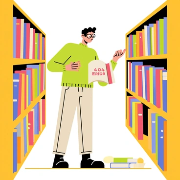 A librarian searching through shelves and finding an empty book titled '404 Error'