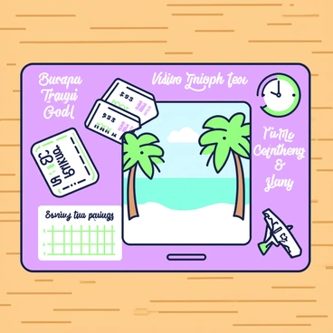 A vision board is displayed on a wooden surface. In the center, there is a vibrant tropical beach scene featuring palm trees, white sand, and a bright blue ocean. To the left, there are several airline tickets arranged neatly, showing flight details. In the lower right corner, there is a savings plan visible, with a chart illustrating financial goals and milestones. Surrounding these elements are motivational quotes in decorative fonts.