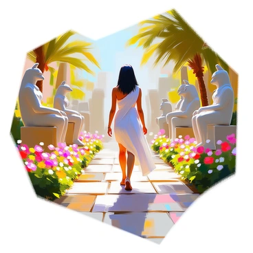 Cleopatra, a woman with dark hair and regal attire, is walking gracefully through a lush garden. She is surrounded by vibrant green foliage and blooming flowers in various colors. The garden is adorned with several statues of ancient gods, each intricately carved and showcasing distinct features, such as a statue of an eagle-headed deity and another depicting a seated goddess. The sunlight filters through the trees, casting dappled shadows on the ground as Cleopatra walks with an air of elegance and purpose.