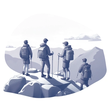 A group of hikers standing triumphantly at the summit of a mountain. The hikers are wearing backpacks and gear suited for climbing, with some holding trekking poles. The landscape features rocky terrain, steep slopes, and a panoramic view of distant mountain ranges. In the background, the sky is vast, dotted with clouds. The hikers are gazing out towards the horizon, expressing a sense of accomplishment and wonder at the expansive scenery before them.