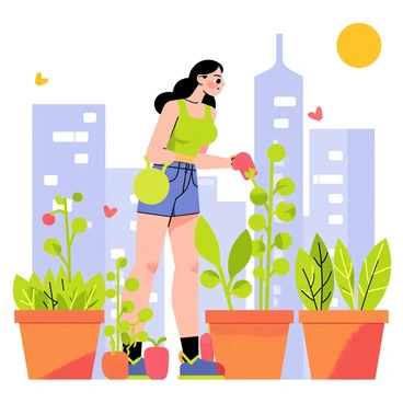 A woman with long brown hair wearing a green tank top and denim shorts is tending to plants on a city rooftop garden. She is holding a watering can, pouring water onto several vibrant green herbs in terracotta pots. Surrounding her are various plants, including tomatoes and peppers, set against a backdrop of tall city buildings. The sun is shining brightly, casting soft shadows across the garden, while a few colorful butterflies flutter around the flowers blooming nearby. In the background, a clear blue sky completes the lively urban garden scene.