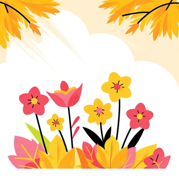 A vibrant scene featuring various flowers in full bloom surrounded by warm-colored autumn leaves. The flowers display a range of colors including reds, yellows, and oranges, contrasting beautifully with the earthy tones of the leaves. The leaves are scattered on the ground, creating a colorful carpet beneath the flowers. Sunlight filters through the branches, casting soft shadows and enhancing the warm hues of the scene.